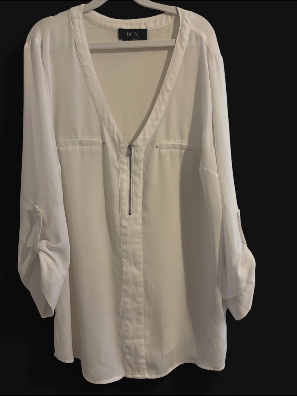BCX White Zip-Front V-Neck Tunic Blouse